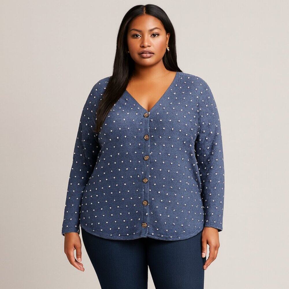 A412 • Navy Textured Polka Dot Button Front Cardigan